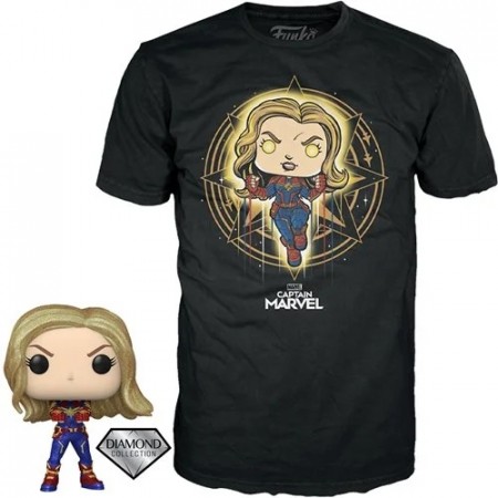 Captain Marvel Diamond Glitter Pop! Vinyl Figure with Black Adult Pop! T-skjorte