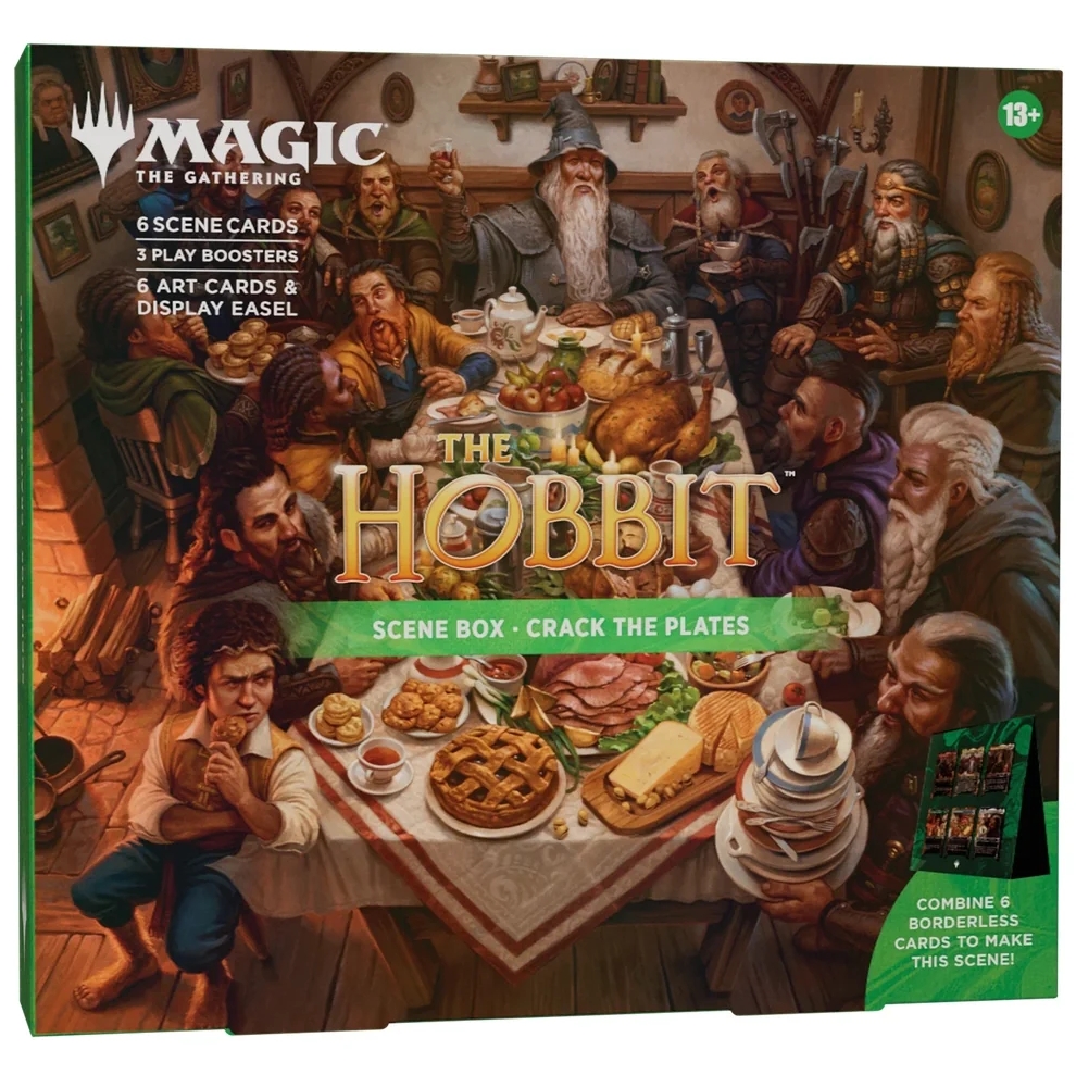 Gjenopplev det kaotiske besøket hjemme hos Bilbo Baggins med Crack the Plates Scene Box! Seks spillbare foil-kort danner sammen en stor scene fra The Hobbit, og boksen inkluderer også Art Cards, displaystativ og tre Play Boosters.