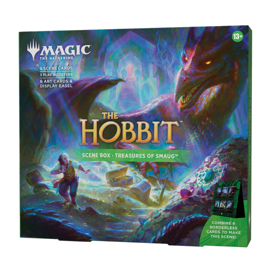 Gjenopplev Bilbo Baggins’ nervepirrende møte med Smaug i The Hobbit! Treasures of Smaug Scene Box kombinerer seks spillbare foil-kort til ett stort motiv og inkluderer i tillegg tre Play Boosters og egne Art Cards til utstilling.