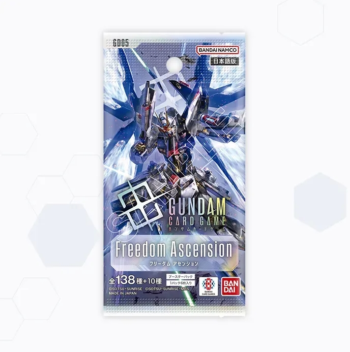 Utvid Gundam Card Game-samlingen med en booster fra Freedom Ascension [GD05]! Jubileumssettet introduserer populære Mobile Suits som Strike Freedom Gundam og ν Gundam, nye rariteter og en rekke spennende kort for både spillere og samlere.